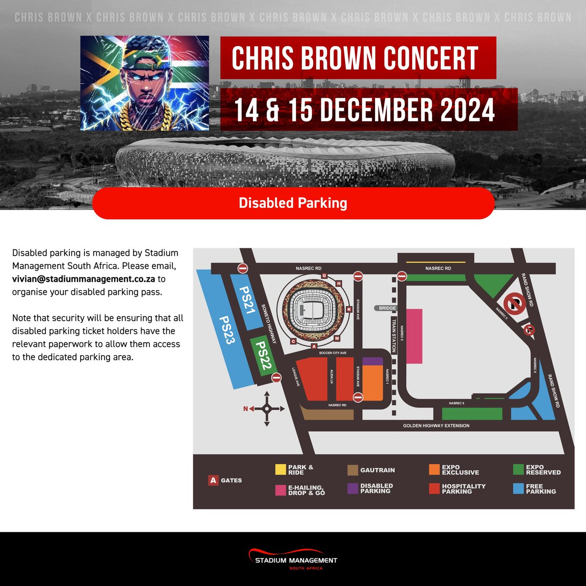 StadiumManagementSA (@officialsmsa) on Twitter photo Disabled parking is managed by <a href="/OfficialSMSA/">StadiumManagementSA</a>.
Please email vivian@stadiummanagement.co.za to organise you disabled parking pass.
#SMSA #fnbstadium #breezy #chrisbrown Disabled parking is managed by <a href="/OfficialSMSA/">StadiumManagementSA</a>.
Please email vivian@stadiummanagement.co.za to organise you disabled parking pass.
#SMSA #fnbstadium #breezy #chrisbrown