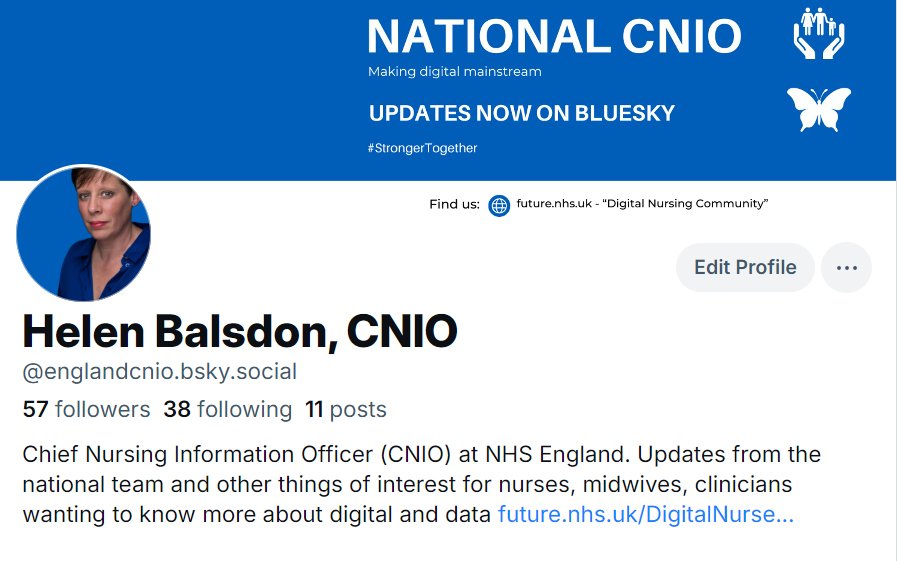 Join me and my national Chief Nursing Information Officer (CNIO) team on Bluesky.

We'll be sharing updates and loads of things of particular interest for nurses, midwives and clinicians interested in digital and data.

Search @ englandcnio