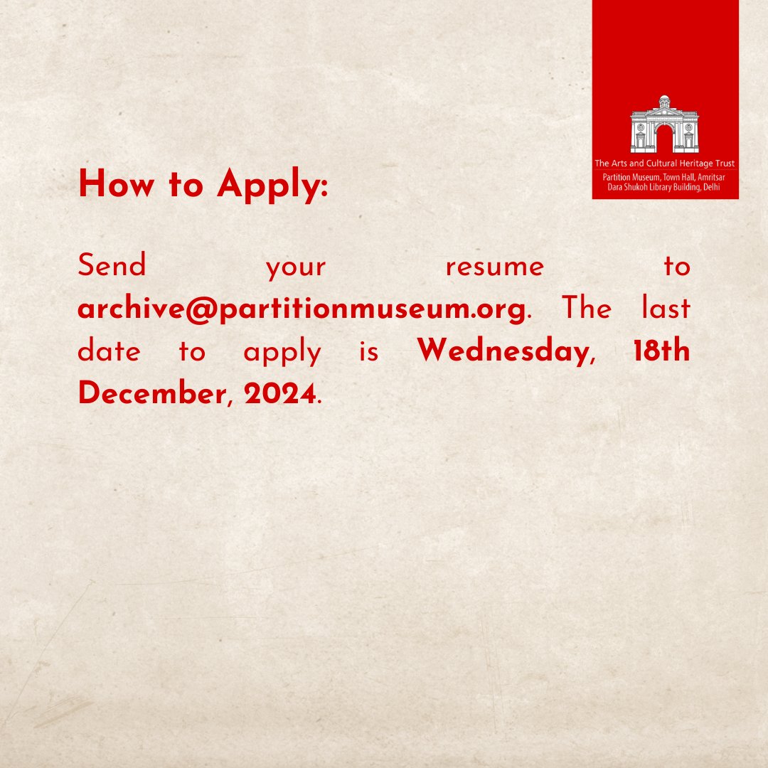 The Partition Museum (@partitionmuseum) on Twitter photo The Partition Museum, Delhi, invites applications for the role Intern. Please send your resumes to archive@partitionmuseum.org. The Partition Museum, Delhi, invites applications for the role Intern. Please send your resumes to archive@partitionmuseum.org.