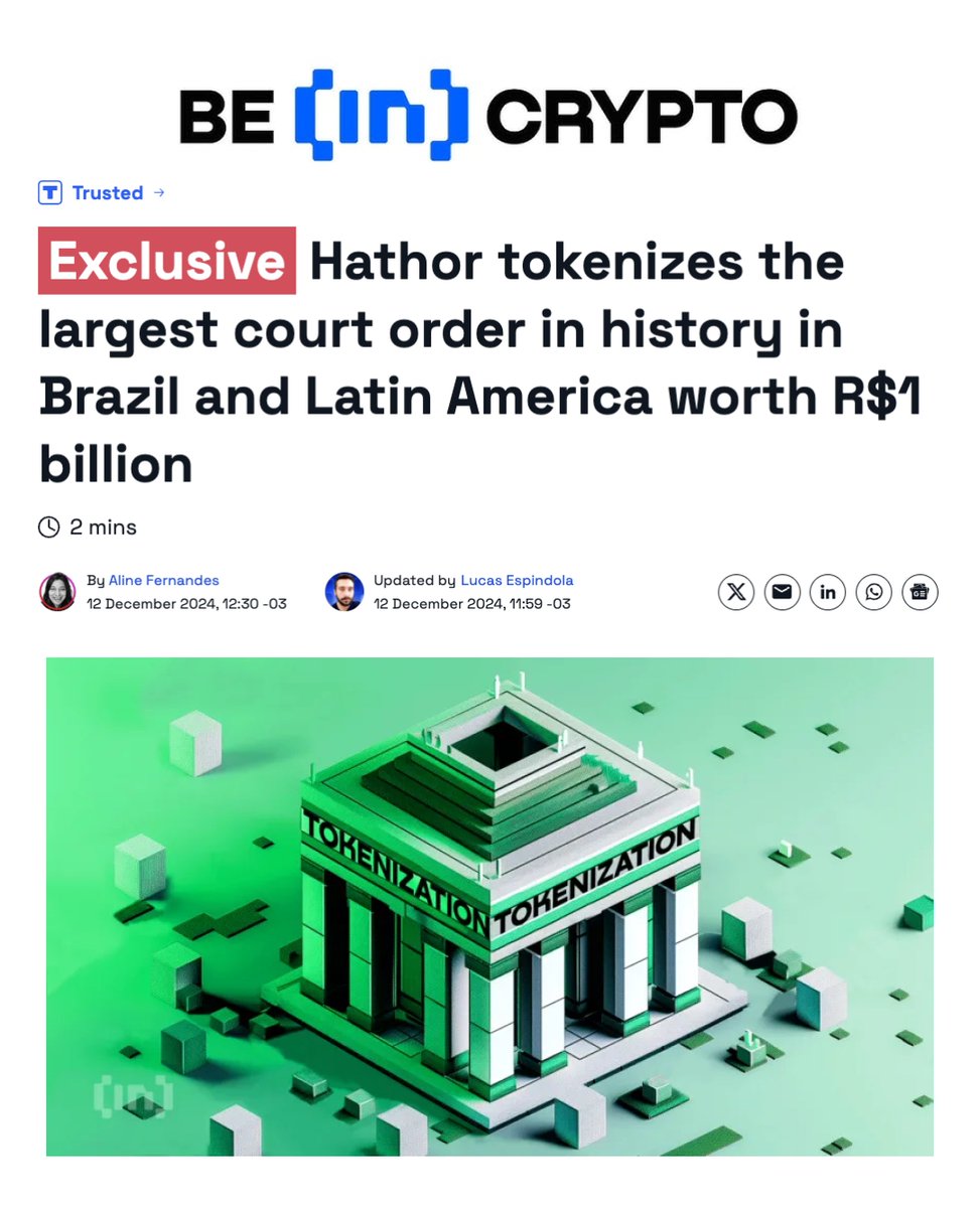 JUST IN: 🚨 Hathor tokenizes the largest court order in history in Brazil and LATAM worth R$1 BILLION!

Read about it here! ⬇️
br.beincrypto.com/hathor-tokeniz…

$HTR