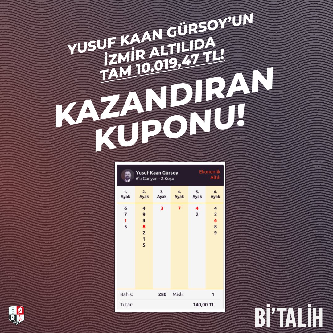bitalih_tr's tweet photo. Mahsun'un uğurlu ceketi varsa Yusuf Kaan Gürsoy'un da uğurlu kuponu var! 🍀

📣Yusuf Kaan Gürsoy İzmir ekonomik altılı kuponuyla 9.019,47 TL değil, %33 daha fazla kazanç fırsatıyla 10.019,47 TL kazandırdı! Geniş kuponuyla ise 2 MİSLİ tutturarak 18.038,90 değil, %33 daha fazla kazanç fırsatıyla 19.038,90 TL kazandırdı!

📲https://t.co/CHOHfqZkpN