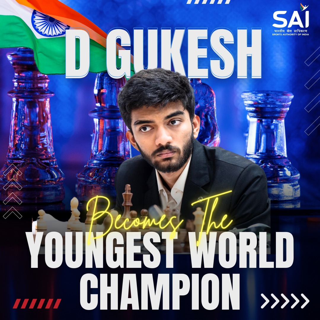 Media_SAI's tweet photo. 𝐀 𝐍𝐞𝐰 𝐄𝐫𝐚 𝐛𝐞𝐠𝐢𝐧𝐬✔️

At just 18 years, @DGukesh etched his name in the history books by becoming the youngest #WorldChampion ever in the history of #FIDE #WorldChampionship.

A moment of brilliance , determination & sheer talent from the star grandmaster!

#IndianChess #Sports #IndianSports #Champion
