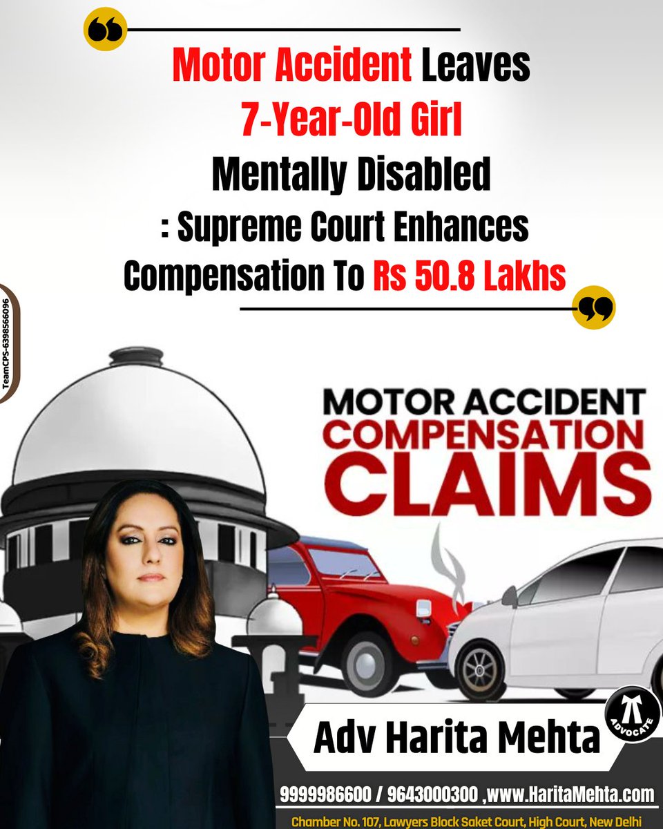 AdvHaritamehta's tweet image. MOTOR ACCIDENT COMPENSATION CLAIMS :
Motor Accident Leaves 7-Year-Old Girl Mentally Disabled
: Supreme Court Enhances
Compensation To Rs 50.8 Lakhs

#MotorAccidentClaim #MotorClaim #motoraccident #MotorAccidentCompensationClaims #KeerthySuresh #AccidentClaims