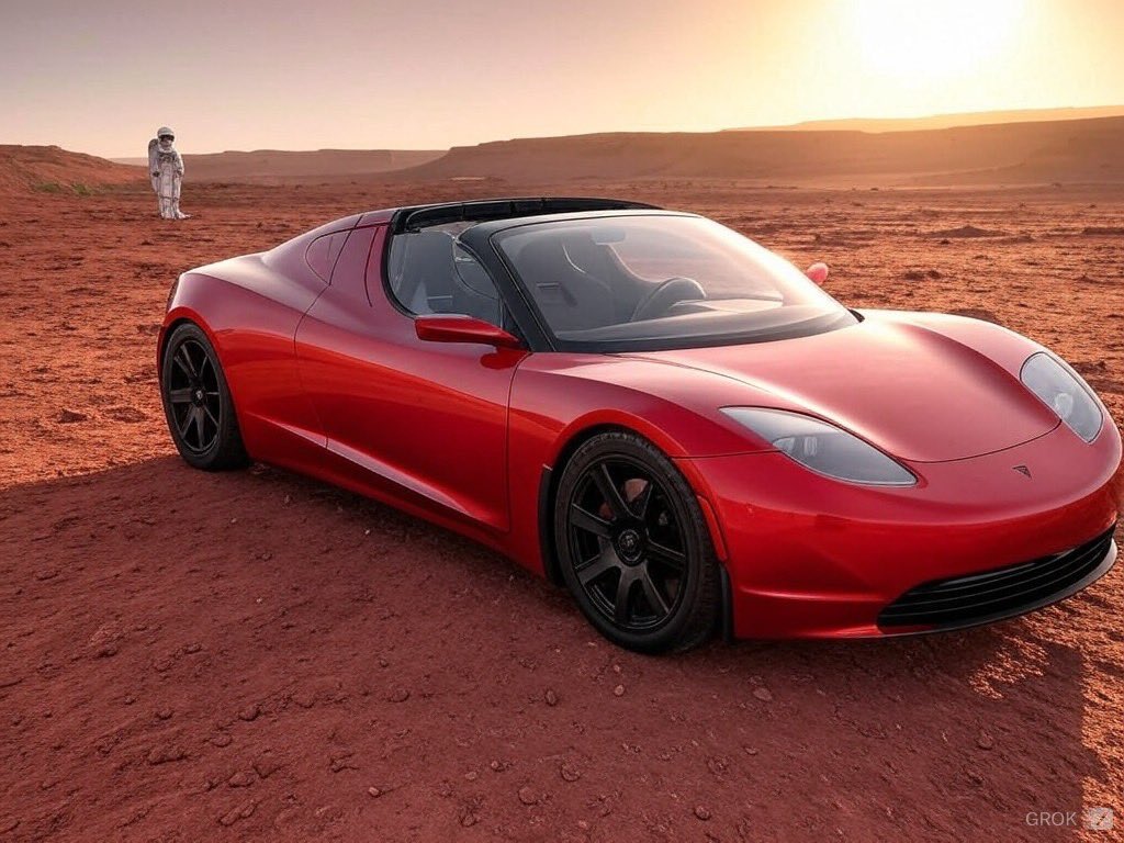 MPelleymounter's tweet photo. According to #grok the roadster has finally made it to mars. Well done @elonmusk just need to find a rapid charger station now https://t.co/Gsx1uoIkXs