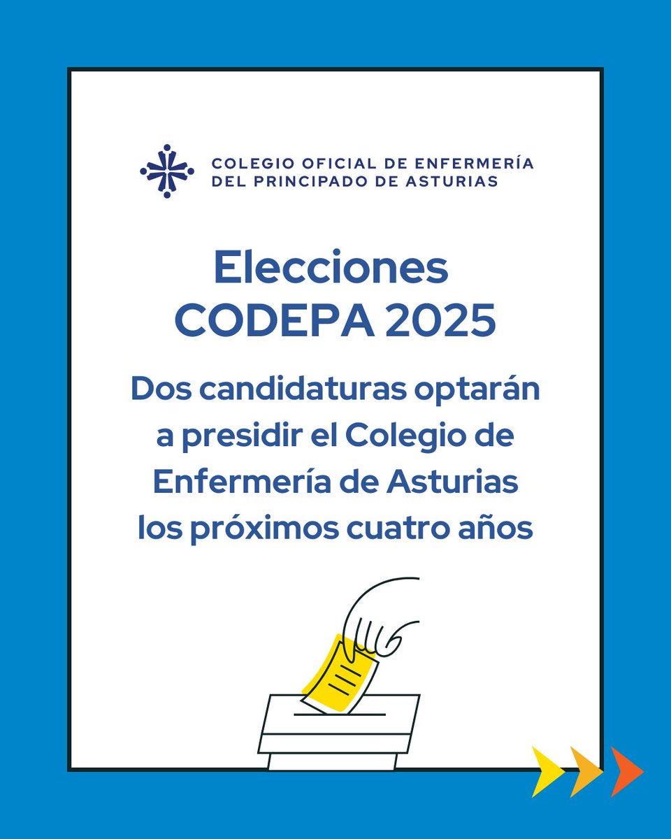 CODEPAsturias's tweet photo. #elecciones #codepasturias 2025

Dos candidaturas optarán a presidir el Colegio de Enfermería de Asturias los próximos cuatro años.

Elecciones el 17 de enero y la nueva Junta de Gobierno tomará posesión el 31 de ese mismo mes.

Detalles aquí: https://t.co/vN6BXceW3e https://t.co/QH25LmFAdo