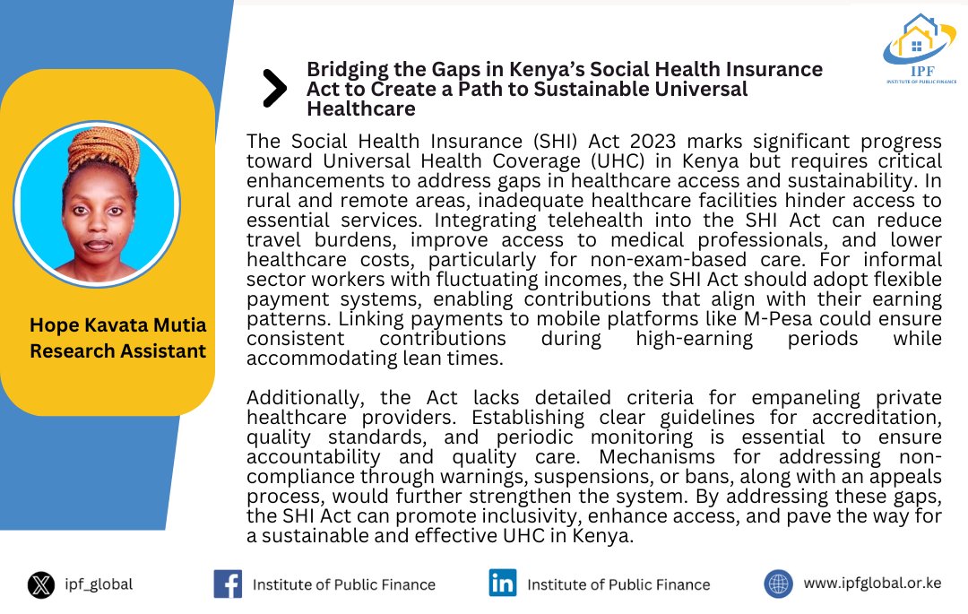 Institute of Public Finance (@ipf_global) on Twitter photo SHI Act 2023 is a step forward, but gaps in rural access, flexible payments, and private provider accountability remain.
Read the full article by Hope Kavata Mutia, Research Assistant, Data and Measurement Unit, <a href="/ipf_global/">Institute of Public Finance</a>: bit.ly/4fc1hNZ SHI Act 2023 is a step forward, but gaps in rural access, flexible payments, and private provider accountability remain.
Read the full article by Hope Kavata Mutia, Research Assistant, Data and Measurement Unit, <a href="/ipf_global/">Institute of Public Finance</a>: bit.ly/4fc1hNZ