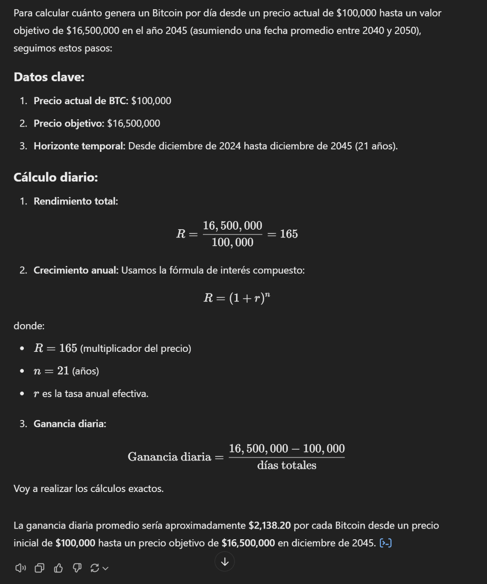 DBATTAGLIAYtube's tweet photo. Imagina que compras 1 BTC a 100k y lo holdeas por los próximos 21 años hasta los 16.500.000 USD, que propone chat gpt para pagar la mitad de la deuda publica americana. (propuesta en la ley Bitcoin que aprobaran el año que viene en USA).

Bitcoin te va a generar 2.138 USD x día durante 21 años en apreciación de capital.

Bitcoin hace por ti lo que tu no puedes, es decir hacerte un hombre rico para la edad en la que te jubiles.

Esto no toma en cuenta los pasivos no financiados de USA (200 trillones), no toma en cuenta el resto de países del mundo y corporaciones con tesorería en Bitcoin.

Ajustado a la inflación actual los 16.500.000 tendrían el poder de compra de 10.89 millones de dólares a fecha de 2024 ( no es mal negocio cierto?)

En conclusión te hizo rico y además te protegió realmente contra la inflación. 

Que siga la fiesta #Bitcoin 🚀🚀🚀