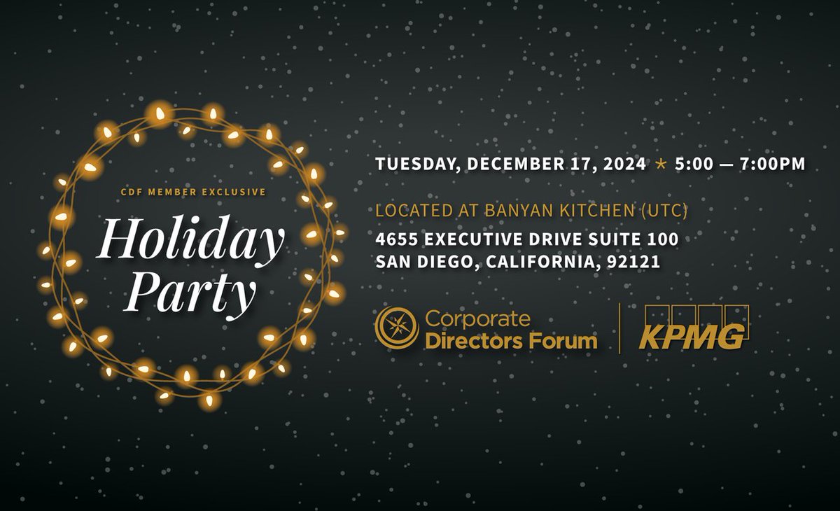 You’re Cordially Invited to Our Exclusive Annual Holiday event happening 12/17. Join us for an exclusive evening of networking with CDF members. Special thanks to KPMG.

*CDF members only. Parking validated.
.
.
.
#CDF #sandiegonetworkingevents