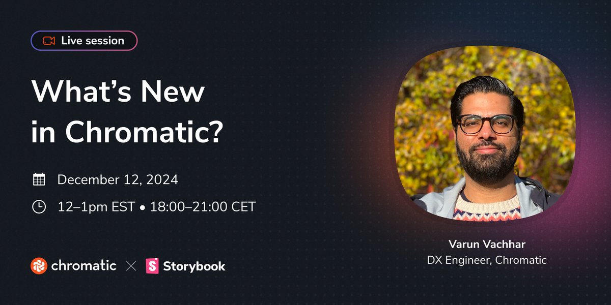 chromaticcom's tweet photo. Going live in just a couple of hours!  Here's what we're going to cover:

📡 Trace Viewer for debugging
📊 Usage Reports
🔕 Ignore Selectors
⚡ TurboSnap tips &amp; more

Register to attend: https://t.co/nEryafptYL https://t.co/ZXXx9KUds5