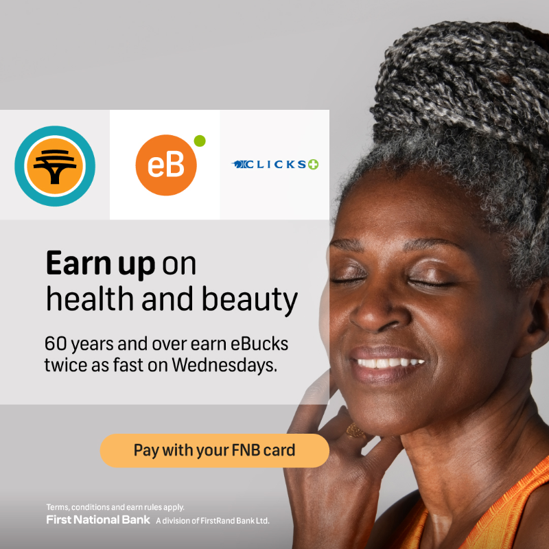 FNBSA's tweet photo. 🤩 Here’s a little something extra if you’re an FNB Aspire client who is 60 years and over. Head to @Clicks_sa every Wednesday to earn eBucks rewards twice as fast on your spend. It's just one more way that life gets more rewarding with FNB. #eBucks #Clicks #EarnUp