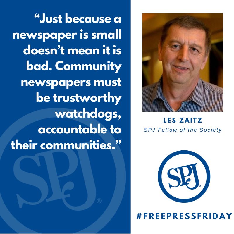 “Just because a newspaper is small doesn’t mean it is bad. Community newspapers must be trustworthy watchdogs, accountable to their communities.” — <a href="/LesZaitz/">Les Zaitz</a> #FreePressFriday bit.ly/3LjsiSZ