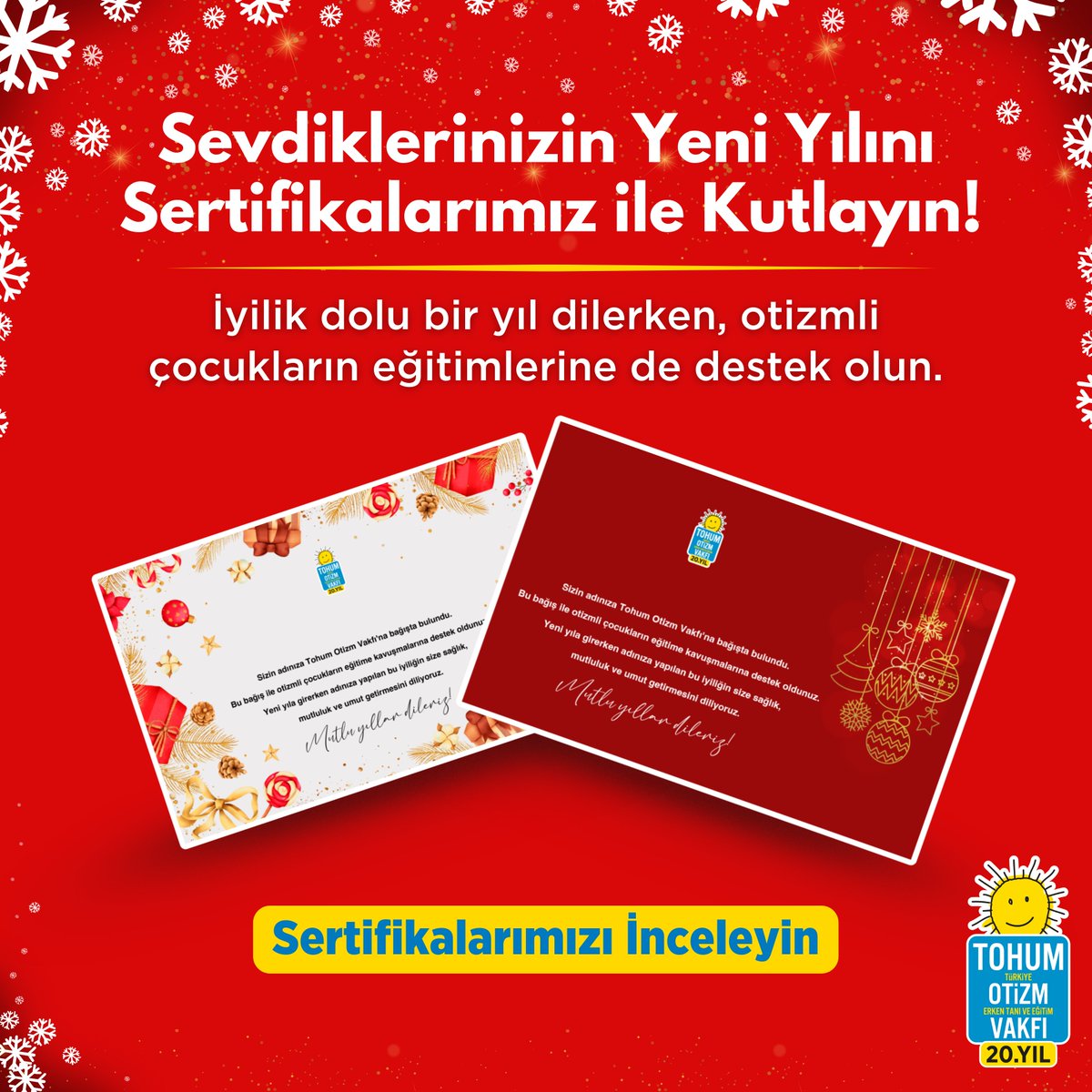 tohumotizm's tweet photo. Yeni yılda sevdiklerinize iyilik dolu dileklerinizi iletirken otizmli bir çocuğun eğitimine destek olun.💖🎁

Yeni yıl sertifikalarımızı incelemek için: https://t.co/KxvpFKFrzU

#TohumOtizmVakfı #YeniYıl #2025 #BağışSertifikası https://t.co/h2aPPdRWI4