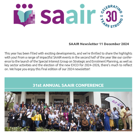 Catch up on our final newsletter for the year ⭐ 

Link to newsletter: control-mb.3uropamail.com/index.php/camp… 

Happy Holidays!

#HigherEducation #InstitutionalResearch #SAAIR30 #SAAIRNewsletter