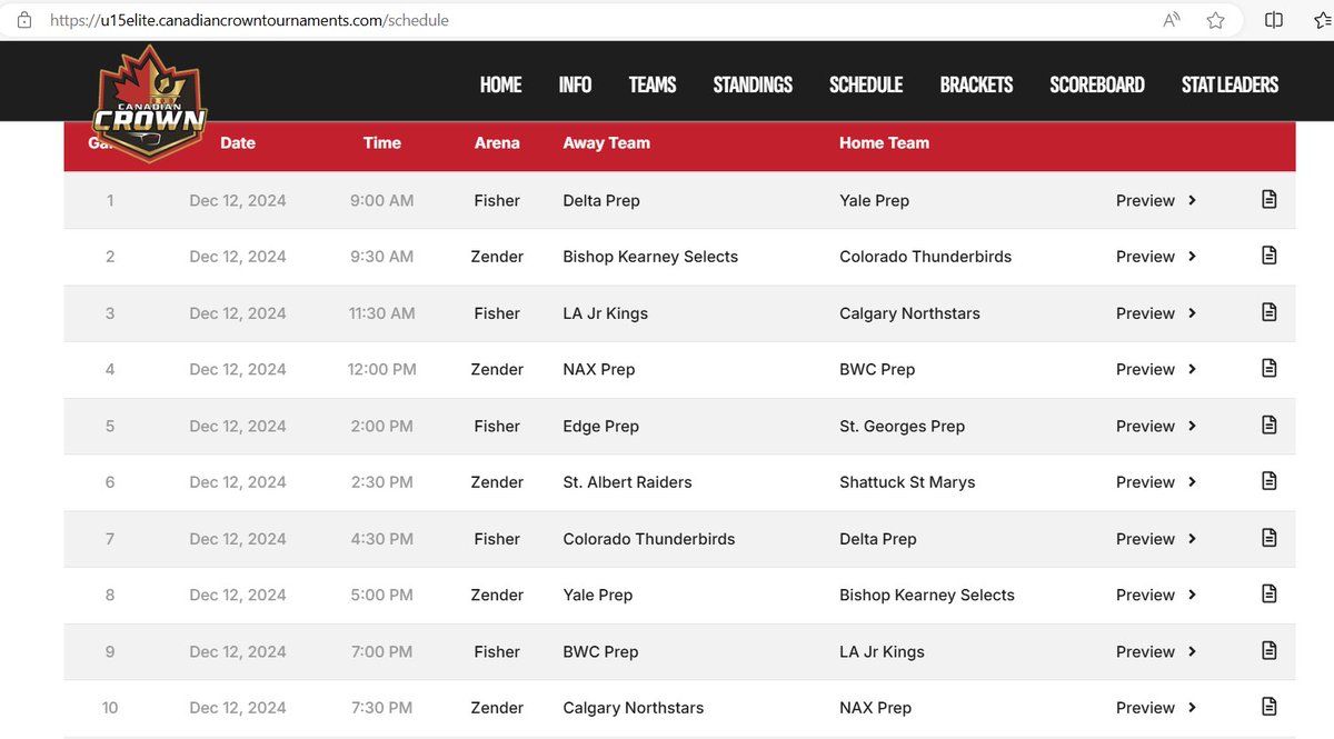 Day 1 of super strong #U15AAA #U15Prep #AEHL #CSSHL #Tier1  tourney hosted by #NAX #HockeyX 
Schedule | U15 Elite Canadian Crown
u15elite.canadiancrowntournaments.com/schedule