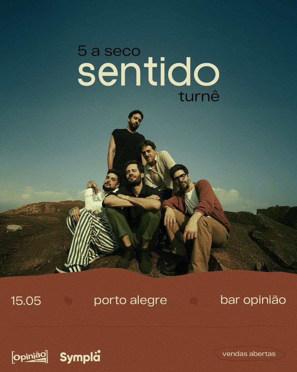 Com a turnê de lançamento do álbum "Sentido", o 5 a Seco se apresenta no Opinião, no dia 15 maio.

VENDAS ABERTAS
🎟️ Ingressos pela sympla.com.br/opiniao

(*) O Bar Opinião não se responsabiliza por ingressos comprados na plataforma Viagogo e demais canais não oficiais.