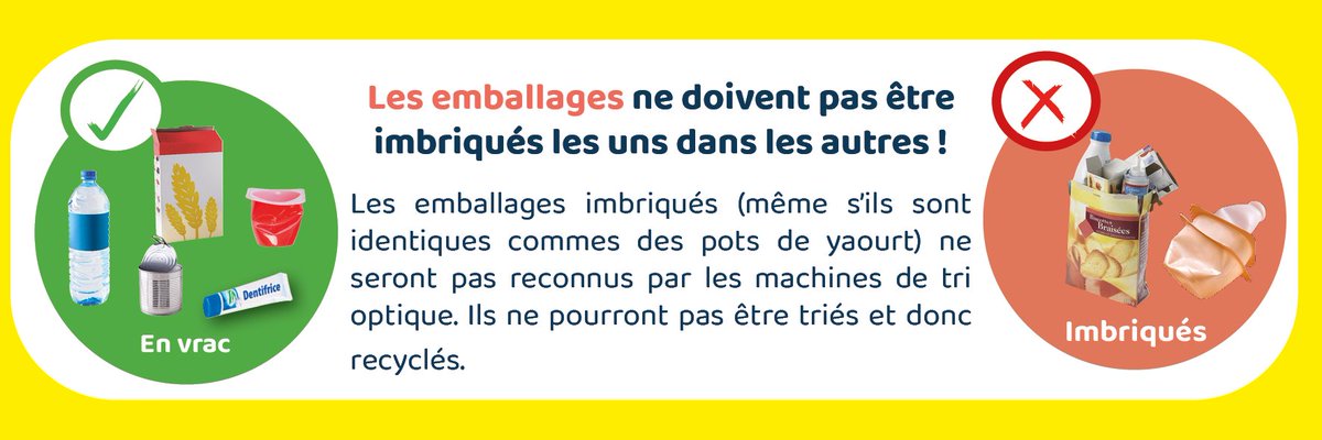 Les #emballages, c'est en vrac dans les bacs de tri ♻
Pourquoi ? Parce-que s'ils sont imbriqués, ils ne seront pas reconnus par les machines de tri optique et ne pourront donc pas être triés.
+ d'infos sydeval.fr/les-dechets/je…