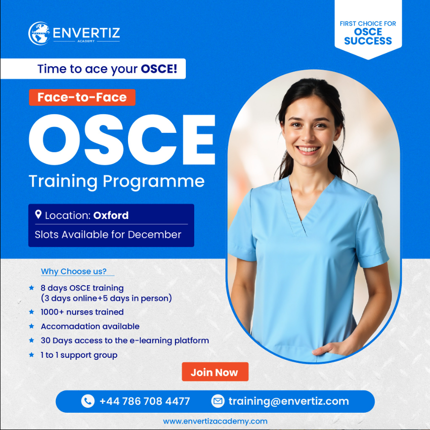 Envertiz's tweet photo. Join our OSCE Training Programme and take the next step in your nursing career. The seats are limited, so hurry and book your seat today.  Contact us: +447867084477 https://t.co/iDX93vScsi