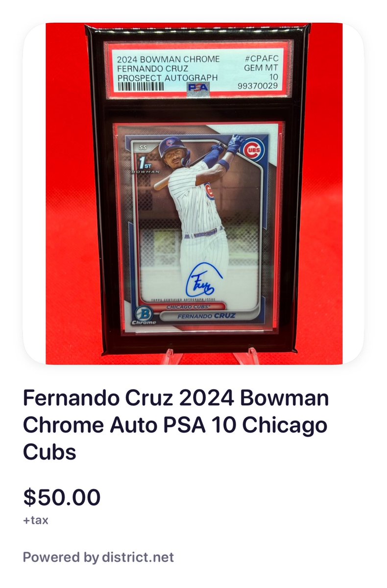 jayhutch40's tweet photo. 2024 Bowman Chrome Fernando Cruz Auto PSA 10 just listed. Link in reply. @midwestboxbreak https://t.co/rZFkoRgLUD