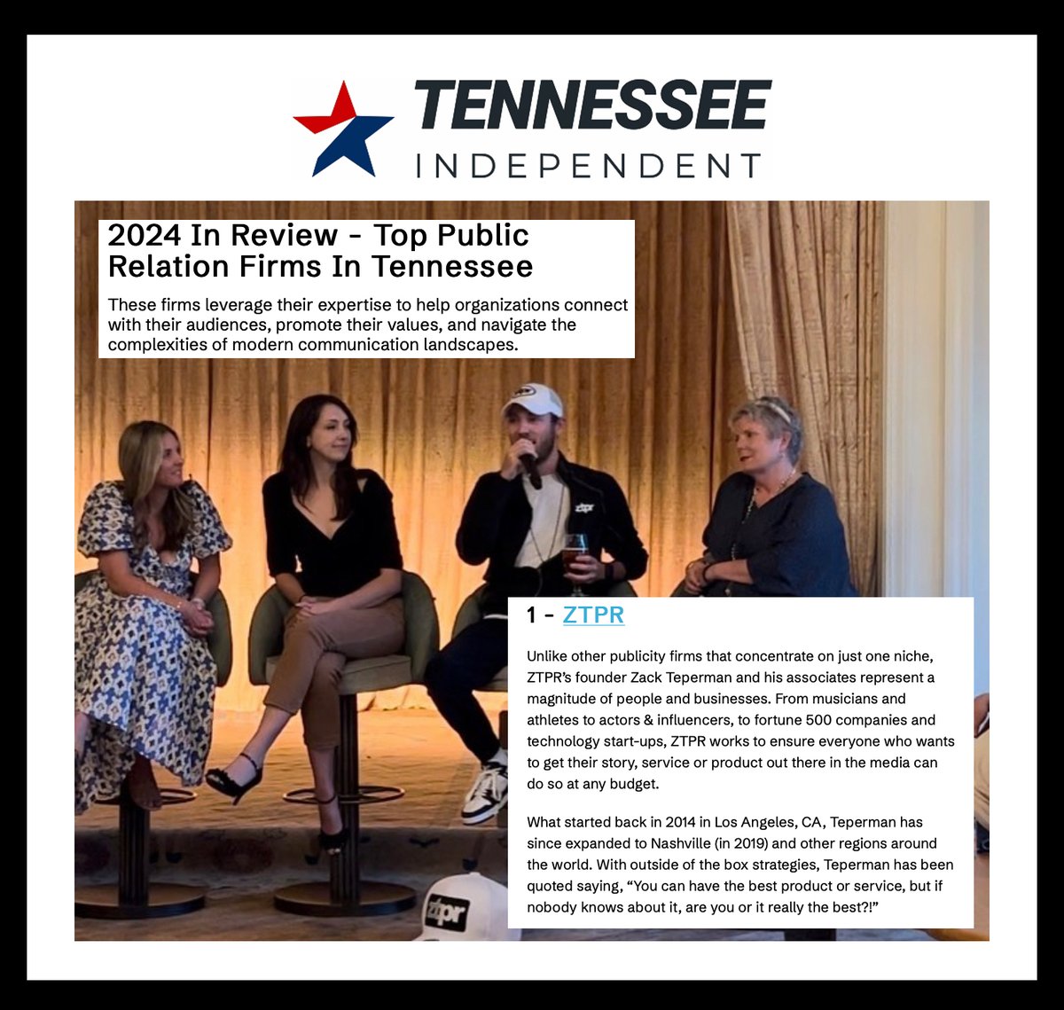 zackteperman's tweet photo. Thank you to the Tennessee Independent for recognizing the work my firm @ztprtweets has done this past year! 🙏🏻 https://t.co/8jeE1hIKUn https://t.co/o4sCMMgJjW