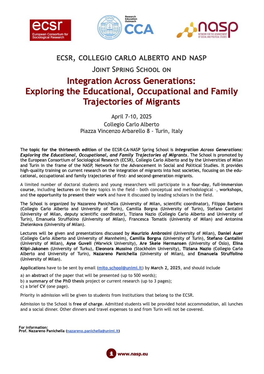 GESI_project (@gesi_project) on Twitter photo 📢 Call for Applications!
13th ECSR-CA-NASP Spring School
Integration Across Generations: Exploring Educational, Occupational & Family Trajectories of Migrants
🗓 April 7–10, 2025
For PhDs & researchers: lectures, workshops, & feedback.
📝 Apply by March 2: mito.school@unimi.it 📢 Call for Applications!
13th ECSR-CA-NASP Spring School
Integration Across Generations: Exploring Educational, Occupational & Family Trajectories of Migrants
🗓 April 7–10, 2025
For PhDs & researchers: lectures, workshops, & feedback.
📝 Apply by March 2: mito.school@unimi.it
