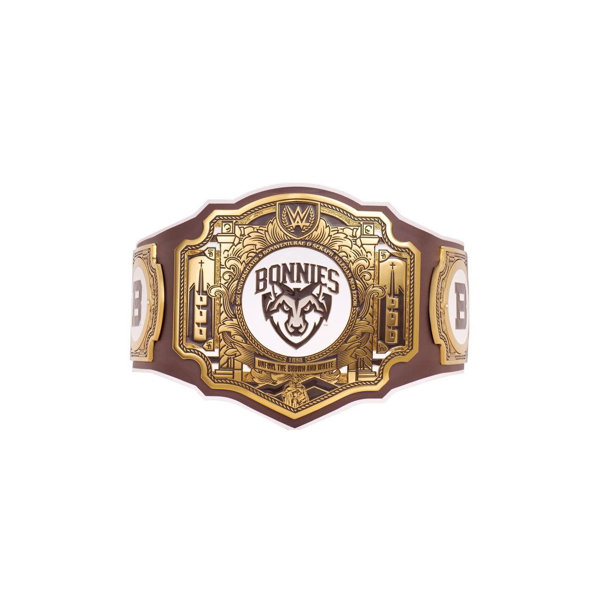 WWE's tweet image. WWE today unveiled St. Bonaventure-inspired WWE legacy title belts featuring the official colors and branding of the Bonnies as part of a multi-year licensing deal struck by @GoBonnies and WWE! @wojespn 

MORE INFO: wwe.com/article/st-bon…