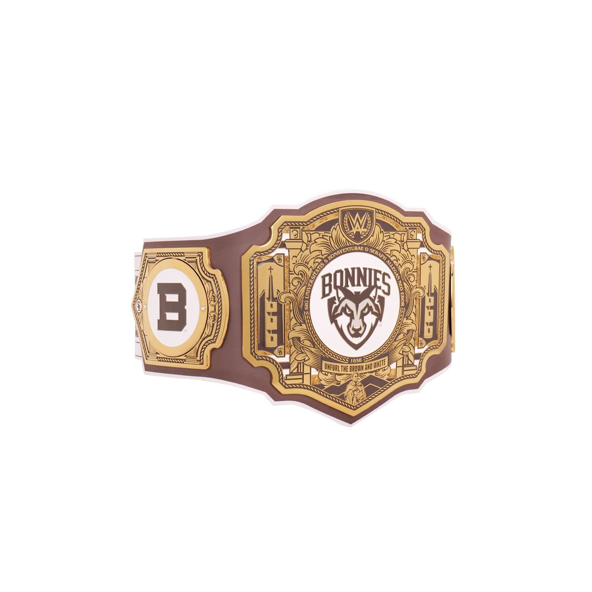 WWE's tweet image. WWE today unveiled St. Bonaventure-inspired WWE legacy title belts featuring the official colors and branding of the Bonnies as part of a multi-year licensing deal struck by @GoBonnies and WWE! @wojespn 

MORE INFO: wwe.com/article/st-bon…