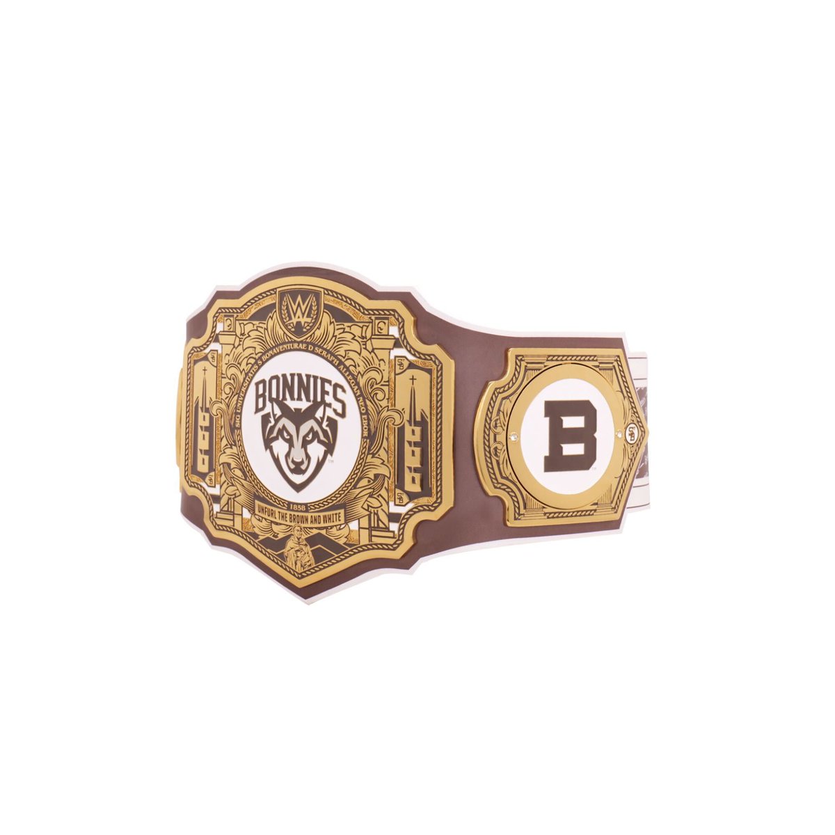 WWE's tweet image. WWE today unveiled St. Bonaventure-inspired WWE legacy title belts featuring the official colors and branding of the Bonnies as part of a multi-year licensing deal struck by @GoBonnies and WWE! @wojespn 

MORE INFO: wwe.com/article/st-bon…