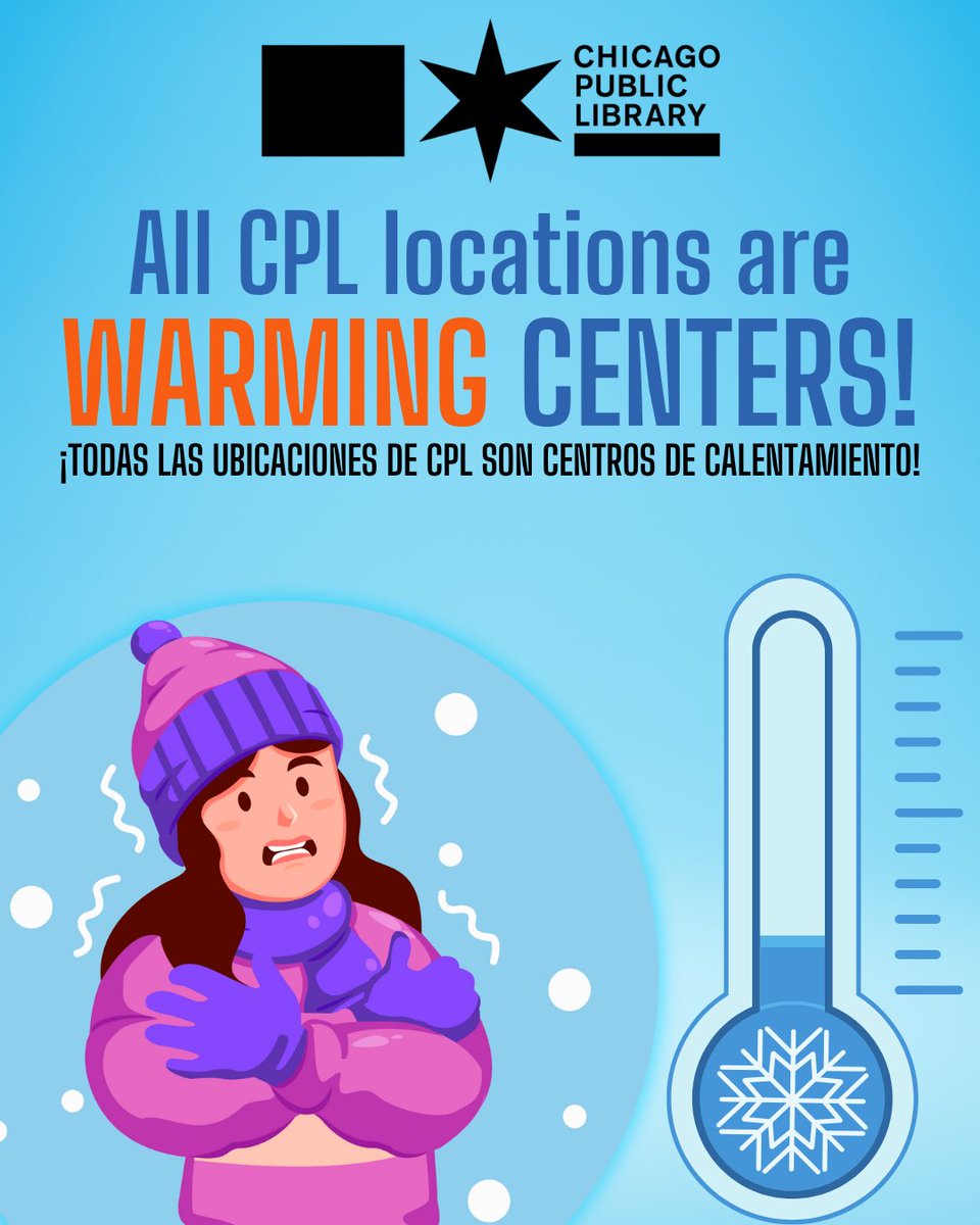 chipublib's tweet image. All CPL locations are warming centers during operational hours. To locate additional warming centers, call 3-1-1 or visit 311.chicago.gov. To find a library location near you or to learn more about the operating hours for a specific branch, visit bit.ly/cpllocations.