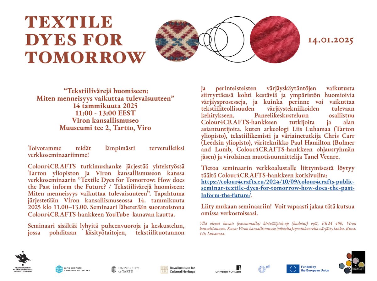 Colour4CRAFTS (@colour4crafts) on Twitter photo (1/3) <a href="/Colour4CRAFTS/">Colour4CRAFTS</a> cordially invites you to join us for an online public seminar, “Textiles Dyes for Tomorrow”, in Jan 2025. More info found here: colour4crafts.eu/2024/10/09/col…. (1/3) <a href="/Colour4CRAFTS/">Colour4CRAFTS</a> cordially invites you to join us for an online public seminar, “Textiles Dyes for Tomorrow”, in Jan 2025. More info found here: colour4crafts.eu/2024/10/09/col….