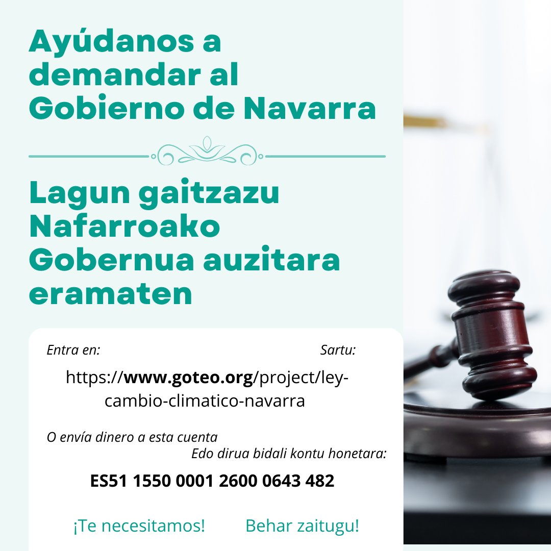 Desde Alianza por el Clima Nafarroa hemos demandado al Gobierno de Navarra por inacción climática por falta de desarrollo debla Ley Foral 4/2022 de cambio climático y transición energética

No hay tiempo que perder para desarrollar prevención y adecuación

goteo.cc/demandagobiern…
