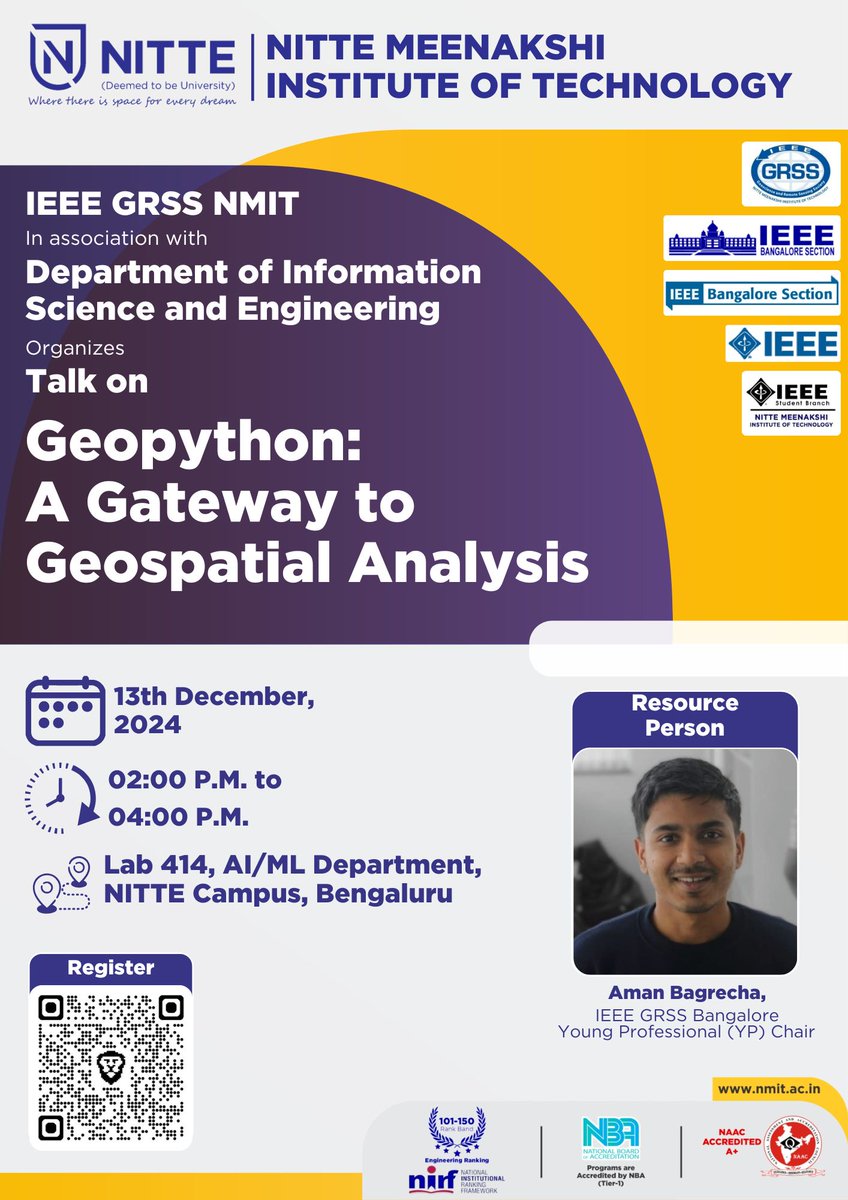 ieeegrss_blr's tweet image. Opening a gateway to the Geospatial domain for the young and bright students over at @NMITBangalore, @aman_bagrecha - @IEEEYP Chair of @ieeegrss_blr will be speaking on the intersection of Python and Geospatial.

Brought to you by the @IEEE_GRSS NMIT and @ieee_section.

#spatial
