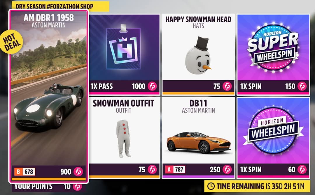 ForzaHorizon5UK's tweet photo. #ForzathonShop
Series 41 - Dry Season v2
'58 Aston Martin DBR1- 900fp
'17 Aston Martin DB11 - 250fp
Backstage Pass - 1,000fp
Snowman Outfit (Outfit)
Happy Snowman Head (Hats)
#H5FB #Forza #Horizon #FH5 #DrySeason #Series41 #HolidayMixup https://t.co/C7tU5YoMdA