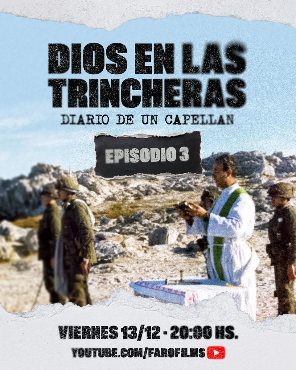 Viernes 13/12 a las 20 hs estrenamos en youtube el 3er episodio de Dios en las Trincheras.
Una serie documental que hicimos con <a href="/FaroFilmsOk/">Faro Films</a> contando Malvinas como  nunca se contó.  Ya viste los episodios 1 y  2? RT