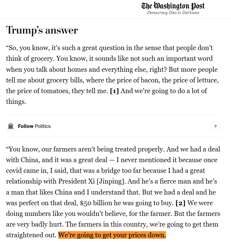 RepDonBeyer's tweet photo. A month after the election Trump admits his promises on voters' top issue were lies. 

He will not lower costs, in fact his plans will lead to Americans paying higher prices. https://t.co/T7phBW4Ac7