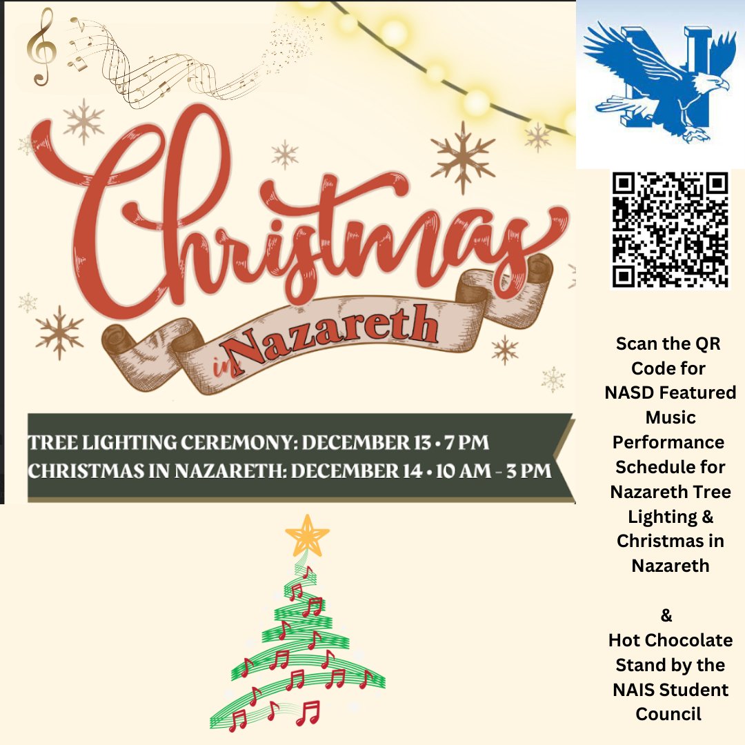 Nazareth Community has 2 wonderful events this weekend: 🎄 Lighting on Friday and Christmas in Nazareth on Saturday! Check out the schedule and all of our 🔵🦅 participants! <a href="/NASDBlueEagles/">NASD Blue Eagles</a> <a href="/NazChorus/">Kelly Rocchi</a> <a href="/muteachmr/">Michelle Ruhf</a> <a href="/lmuns349/">Lauren Munson</a>