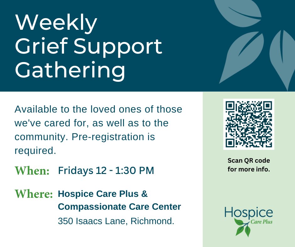 HospiceCarePlus's tweet photo. Our weekly Grief Support Gathering meets tomorrow (and every Friday) at noon. It is open to the community, but pre-registration is required. Pre-registration is available by calling Denise at 859-986-1500 or at the following link: https://t.co/GaSRXSj01y https://t.co/vnOVNEPSvl
