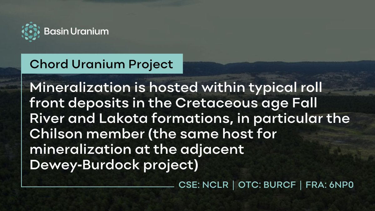 Project Feature: Chord Uranium 📊 Where mineralization is hosted in roll front deposits of the Cretaceous age Fall River &amp; Lakota formations

About the project 🔗 stockmkt.info/3vrlMWp

🇨🇦 $NCLR 🇺🇸 $BURCF 🇩🇪 FRA: 6NP0
#miningstocks #UraniumExploration #FutureOfMining