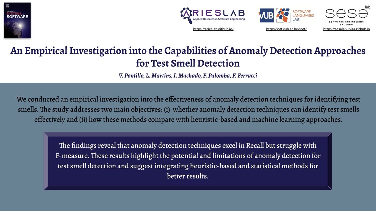 vpontillo (@vpontillo92) on Twitter photo Our recent <a href="/JSSoftware/">Journal of Systems and Software</a> paper explores whether test smells can be detected by anomaly detection-based approaches.
📰 Preprint at: valeriapontillo.github.io/documents/jour…
1/2 Our recent <a href="/JSSoftware/">Journal of Systems and Software</a> paper explores whether test smells can be detected by anomaly detection-based approaches.
📰 Preprint at: valeriapontillo.github.io/documents/jour…
1/2