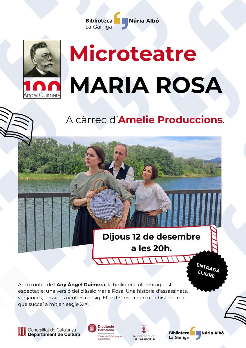 Aquesta tarda, #microteatre amb Amelie Produccions i, al vestíbul, exposició i mostra documental amb motiu de l'#AnyGuimerà.
➡️ A les 20.00h, microteatre: "Maria Rosa" (accés obert)
➡️ Fins el 15/01: exposició
#literaturacatalana #exposició #teatre #bibliotequesvo #laGarriga
