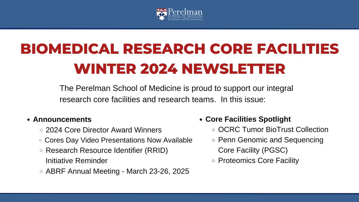 Penn Medicine CSO (@pennmedcso) on Twitter photo #ICYMI: The <a href="/PennMedicine/">Penn Medicine</a> Biomedical Research Core Facilities Winter 2024 Newsletter is out now! Featuring important announcements + exciting updates from 3 of our incredible research core facilities tinyurl.com/z98jwdu6 #ICYMI: The <a href="/PennMedicine/">Penn Medicine</a> Biomedical Research Core Facilities Winter 2024 Newsletter is out now! Featuring important announcements + exciting updates from 3 of our incredible research core facilities tinyurl.com/z98jwdu6