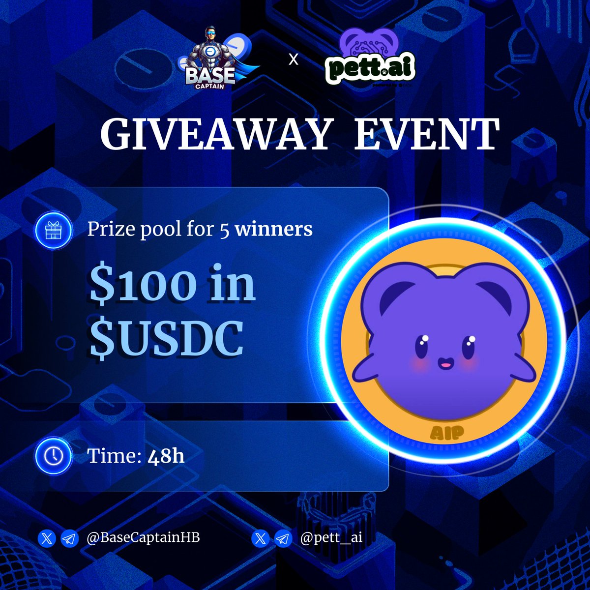 BaseCaptainHB's tweet image. 🔊GIVEAWAY EVENT 🤝   
   
🎁 Prize pool for 5 winners   
$100 in $USDC
   
✔️ To Enter:   
1️⃣ Follow @BaseCaptainHB x @pett_ai
2️⃣ ❤️ and Repost   
3️⃣ Tag 3 friends     
   
⏰ 48h

#Base #Airdrop #Giveaway