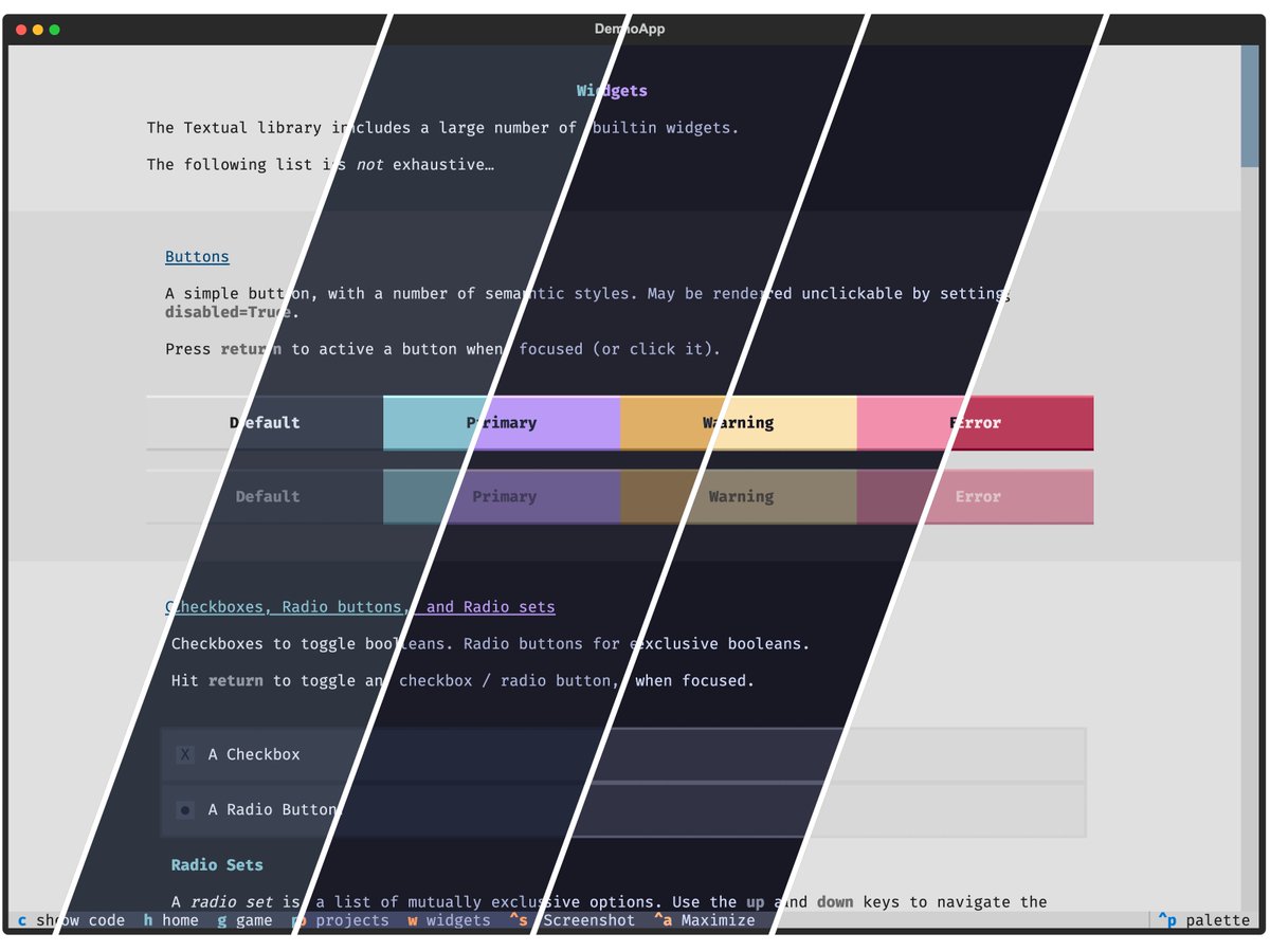 willmcgugan's tweet photo. If you aren't near a terminal, you can try the demo out online. 

https://t.co/HWCmwUYgl4

If you are near a terminal, give this a shot:

uvx --python 3.12 textual-demo

Requires @astral_sh 's uv https://t.co/zyfnSkL0is