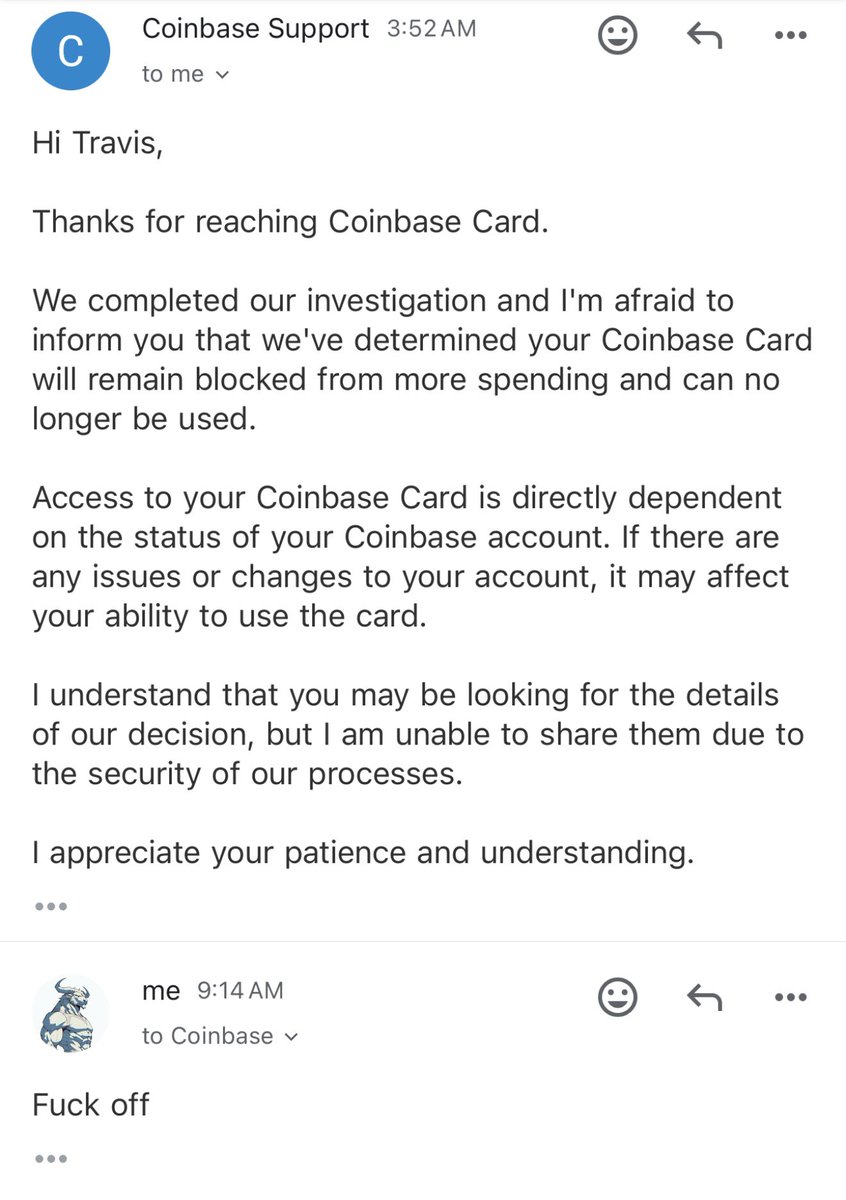 wtf did I say in my post yesterday 😂

I would wait 11hrs in queue for them to not do a god damn thing or give me an answer

Hey <a href="/CoinbaseSupport/">Coinbase Support</a> , you can fck off

I am so fckn done and thanks <a href="/brian_armstrong/">Brian Armstrong</a> for being the worst fckn exchange in crypto 

Straight FTX vibes ✌🏻