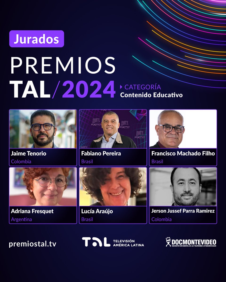 RedTALtv's tweet photo. #PremiosTAL2024 | Los jurados para CONTENIDO EDUCATIVO son:
• Jaime Tenorio - Colombia
• Fabiano Pereira - Brasil
• Francisco Machado Filho - Brasil
• Adriana Fresquet - Argentina
• Lucia Araújo - Brasil
• Jerson Jussef Parra Ramírez- Colombia
🏆 https://t.co/sHKZbpdWHM https://t.co/MXz8zfZdA6