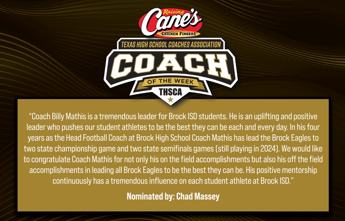 THSCA (@thscacoaches) on Twitter photo Congratulations to <a href="/raisingcanes/">Raising Cane's</a> Coach of the Week, Billy Mathis from Brock High School!🎉 You make us #THSCAProud!
<a href="/CoachN_4Christ/">Billy Mathis</a> • <a href="/BrockAthletics/">Chad Massey</a> • <a href="/brock_football/">Brock Football</a> Congratulations to <a href="/raisingcanes/">Raising Cane's</a> Coach of the Week, Billy Mathis from Brock High School!🎉 You make us #THSCAProud!
<a href="/CoachN_4Christ/">Billy Mathis</a> • <a href="/BrockAthletics/">Chad Massey</a> • <a href="/brock_football/">Brock Football</a>