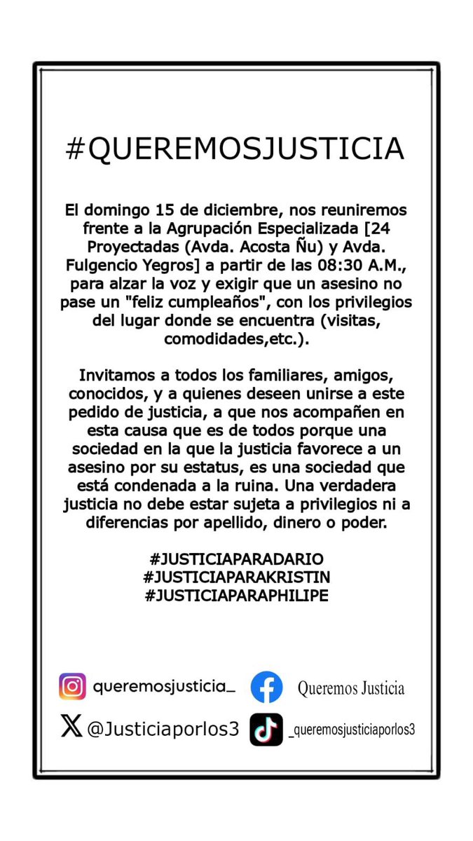 Manifestación pacífica, para que se terminen los privilegios y que la justicia pueda obrar como corresponde. Si pueden apoyarnos ese día con su presencia o pueden divulgar este pedido, de corazón mi familia y yo les agradecemos!