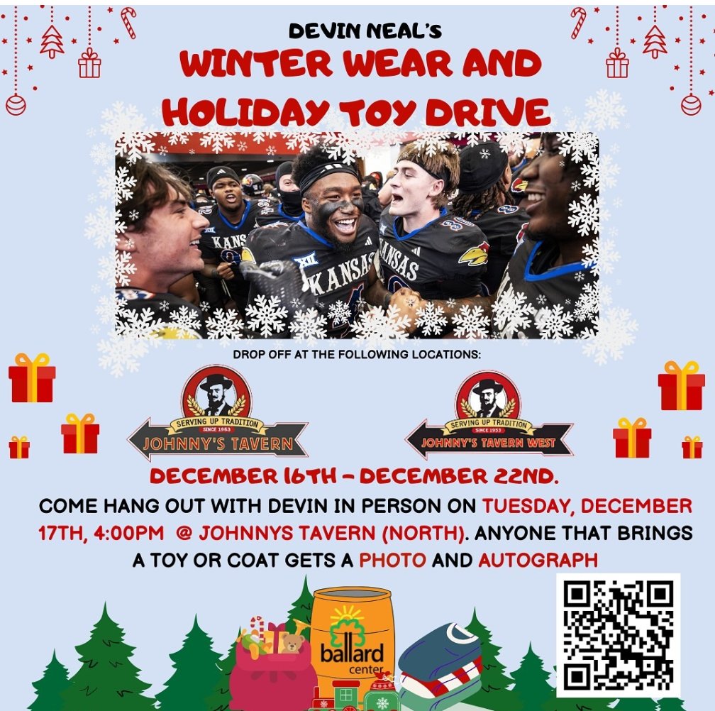 Join Devin Neal’s Winter Wear and Holiday Toy Drive this December! From December 16th to December 22nd, drop off your donations at Johnny’s Tavern North or West. Plus, meet Devin in person on Tuesday, December 17th at 4:00 PM at Johnny’s Tavern North!