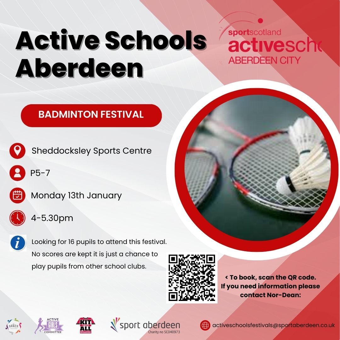 ASC_StMacharASG's tweet image. 🏸P5-7 Badminton Festival - Monday 13th January! FREE to take part, players from St Machar area primary schools are invited.
To Book : shorturl.at/QZw2E
✅
@CornhillSchool @sunnybanksch