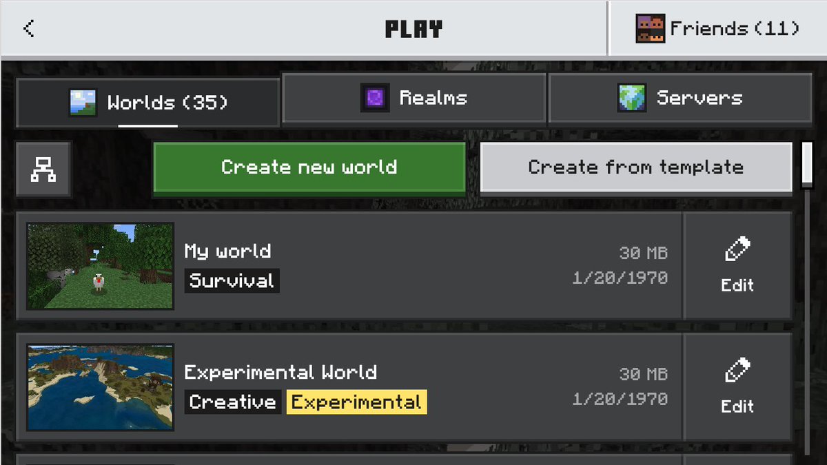 JustJosIt's tweet photo. The new Ore UI Minecraft Play screen have been rolled out to 12% of players! 🥳 Are you one of the lucky ones to see it? 

If you are, leave feedback to the team here: https://t.co/TFWSPOC0Ch https://t.co/NoVpI52Wpn