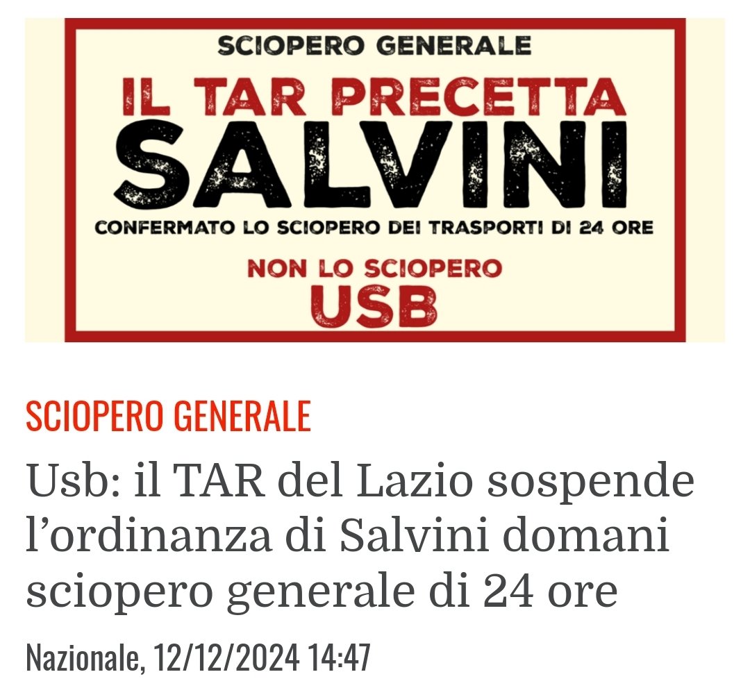 Il TAR accoglie la richiesta di #USB di sospendere la precettazione di #Salvini! Domani lo #sciopero è generale, regolare e legittimo e durerà 24 ore anche nei #trasporti. Vincono i lavoratori.
Smentita l’arroganza di Salvini.
Domani sarà una bella giornata per la democrazia.